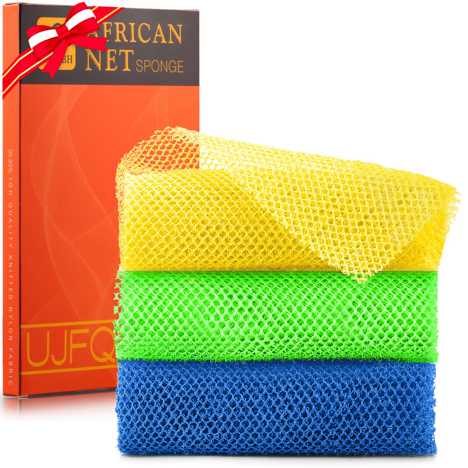 UJFQBH 3 Pieces African Bath Sponge African Net Long Net Bath Sponge Exfoliating Shower Body Scrubber Back Scrubber Skin Smoother,Great for Daily Use (Pink,Yellow,Purple)